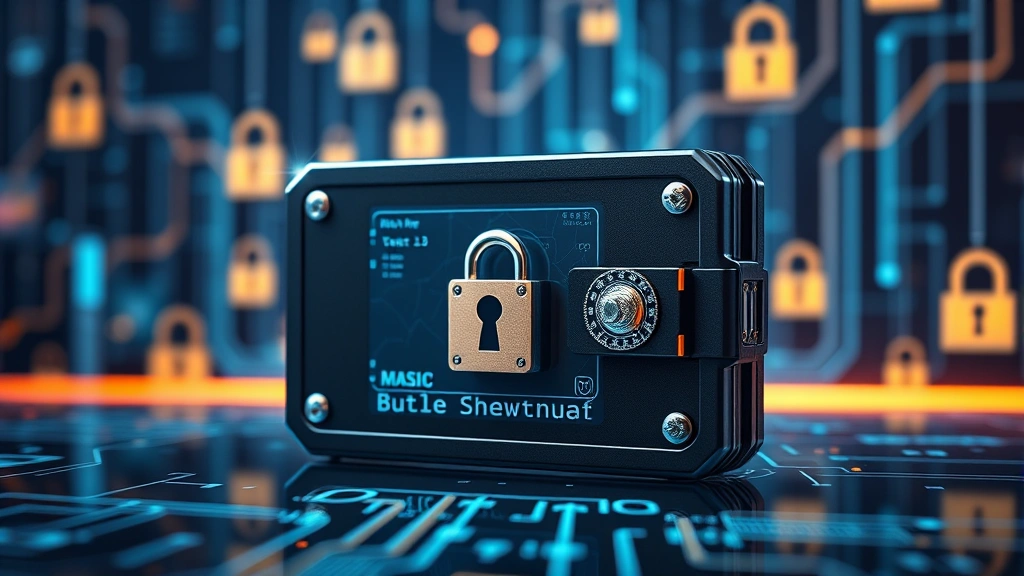 Secure cryptocurrency hardware wallet device with digital security locks and blockchain network background, photorealistic protection-focused imagery showing encryption mechanisms and locked vault elements