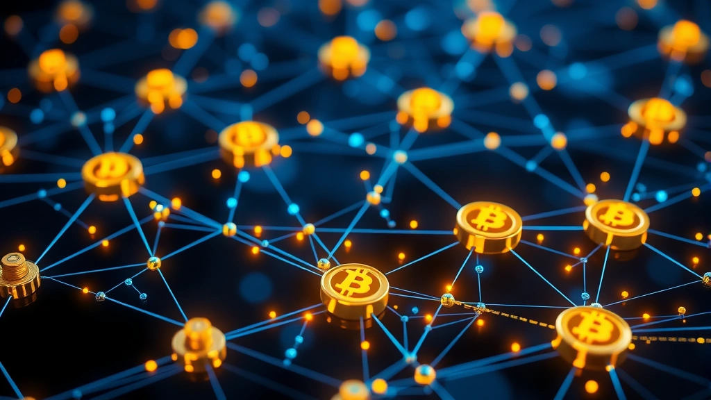 Digital visualization of blockchain network with glowing Bitcoin nodes representing wealth and security, abstract cryptocurrency infrastructure with interconnected pathways, photorealistic blue and gold color scheme