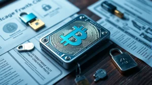 Overhead view of a secure Bitcoin hardware wallet on a polished desk with soft blue lighting, showing metallic device with subtle Bitcoin logo, surrounded by encrypted security keys and backup documents, photorealistic professional cryptocurrency storage setup