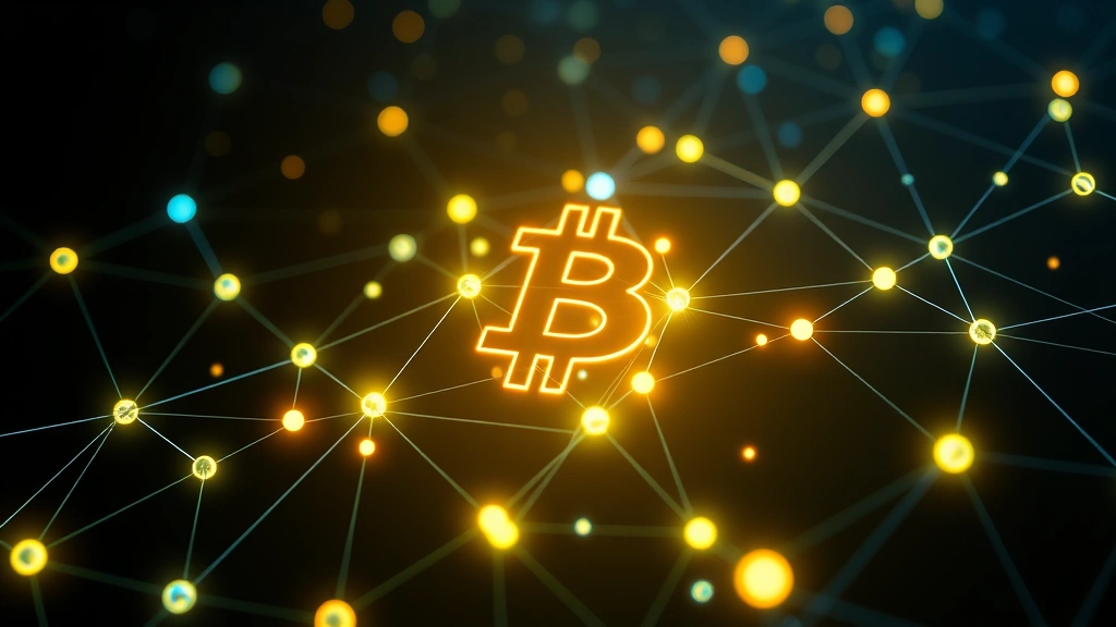Photorealistic image of a blockchain network visualization with glowing nodes and connections representing Bitcoin's decentralized network, no text overlays, dark background with blue and green light trails