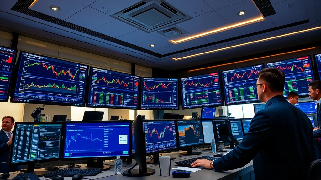 Modern cryptocurrency trading floor with multiple monitors displaying Bitcoin price charts and market data, institutional traders analyzing data, professional financial technology environment with sleek design