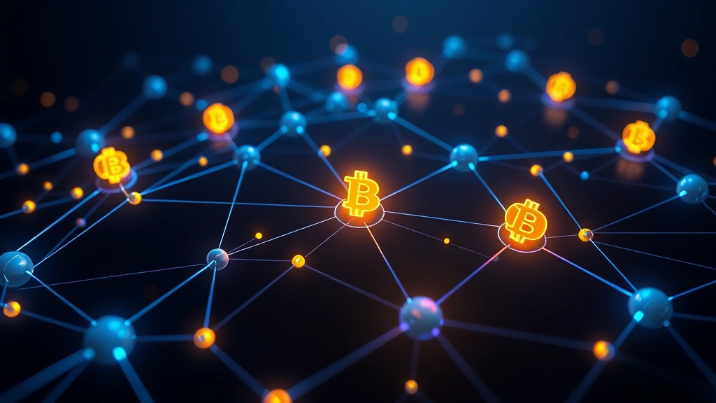 Digital visualization of blockchain network nodes connected in three-dimensional space, with glowing Bitcoin symbols floating through interconnected pathways, representing distributed ledger technology and cryptocurrency transactions, dark background with neon blue and gold accents