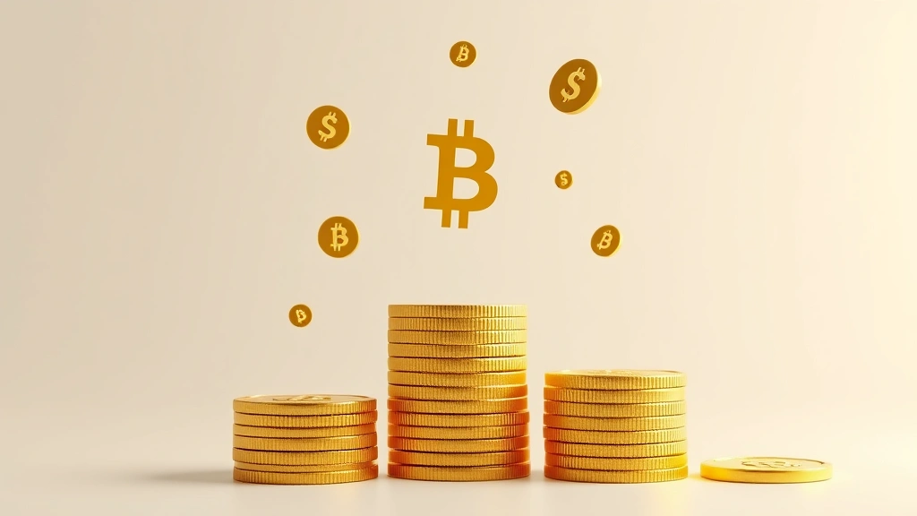 Photorealistic photograph of stacked gold coins and digital currency symbols floating above them, representing cryptocurrency value and wealth accumulation, clean minimalist composition