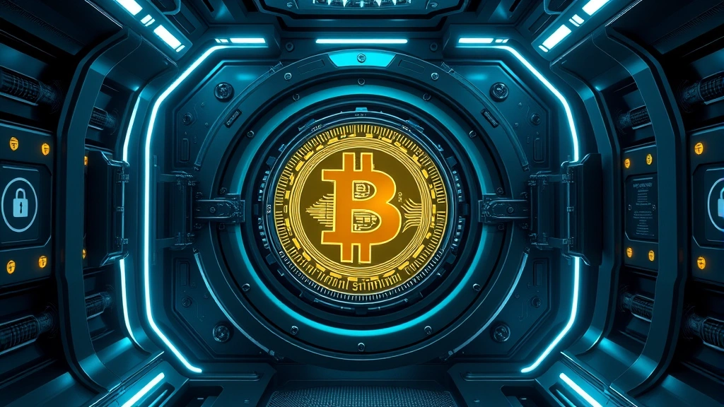 Futuristic Bitcoin vault or secure storage facility with advanced security systems, digital lock mechanisms and cryptographic symbols, representing institutional-grade custody and protection of major holdings