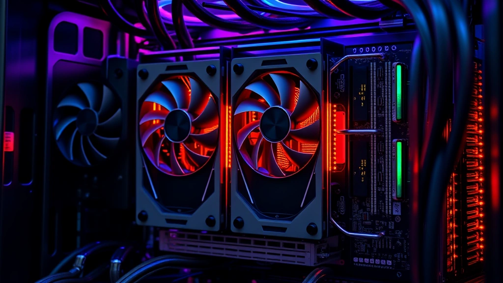 Close-up of a mining rig with multiple graphics cards under RGB lighting, showing intricate cooling systems and circuit boards, representing cryptocurrency mining operations from early Bitcoin era, photorealistic industrial technology aesthetic