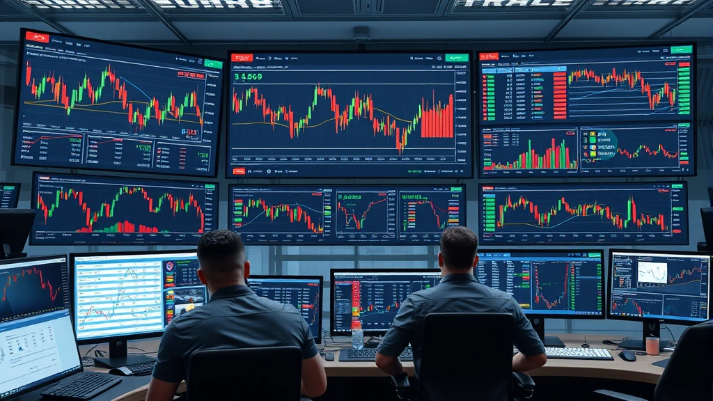 Photorealistic image of a modern cryptocurrency exchange interface displayed on multiple screens with traders analyzing markets, showing digital wallets and transaction flows in a professional trading environment
