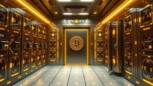 Photorealistic image of a high-security Bitcoin vault with multiple layers of protection, glowing blockchain networks, and advanced security infrastructure, no text