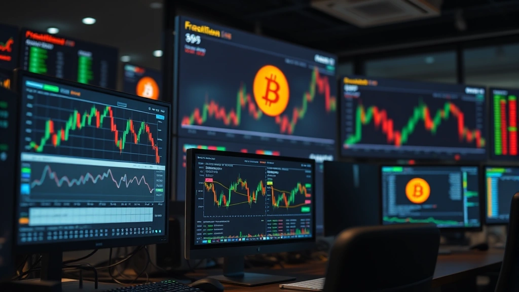 Photorealistic image of a cryptocurrency exchange trading interface displaying Bitcoin price charts and order books in a professional trading environment with multiple monitors