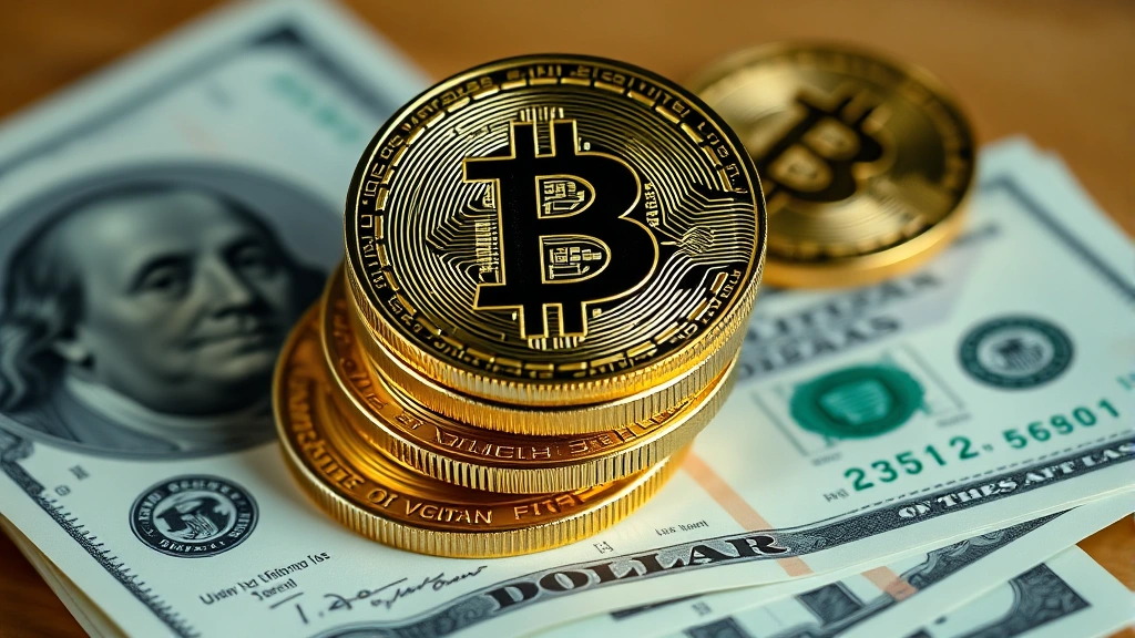 Close-up of Bitcoin coins stacked on top of US dollar bills, photorealistic lighting, cryptocurrency and traditional currency contrast, shallow depth of field, professional financial photography style