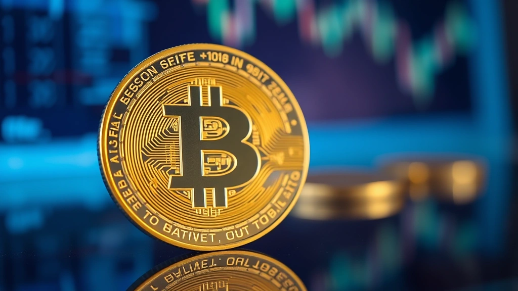 Close-up of physical Bitcoin coin with holographic security features, sitting on a modern glass surface with soft blue lighting and blurred cryptocurrency exchange interface in background