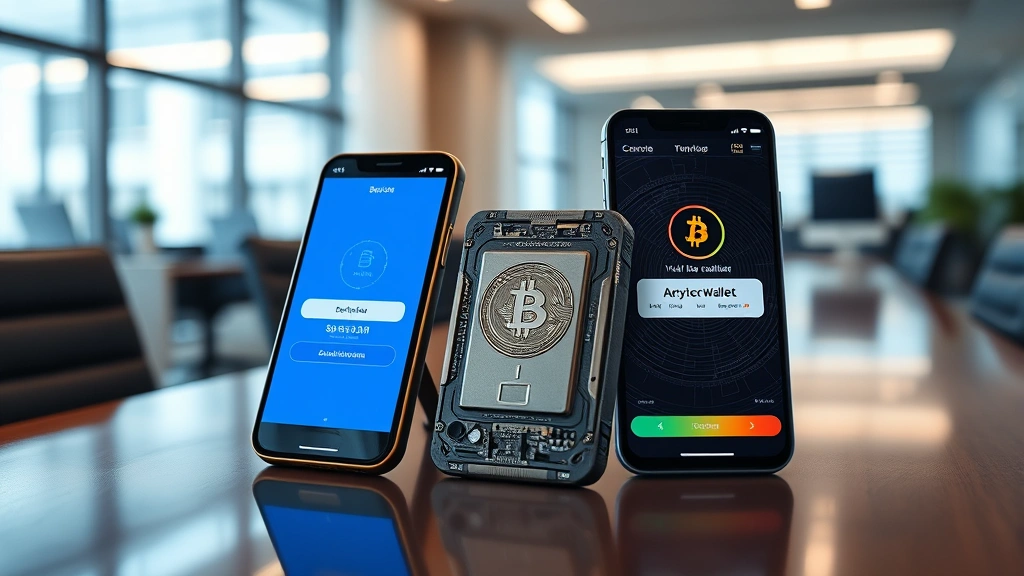 Photorealistic photo of a hardware cryptocurrency wallet device next to a smartphone displaying blockchain transaction confirmation screen in a secure office setting