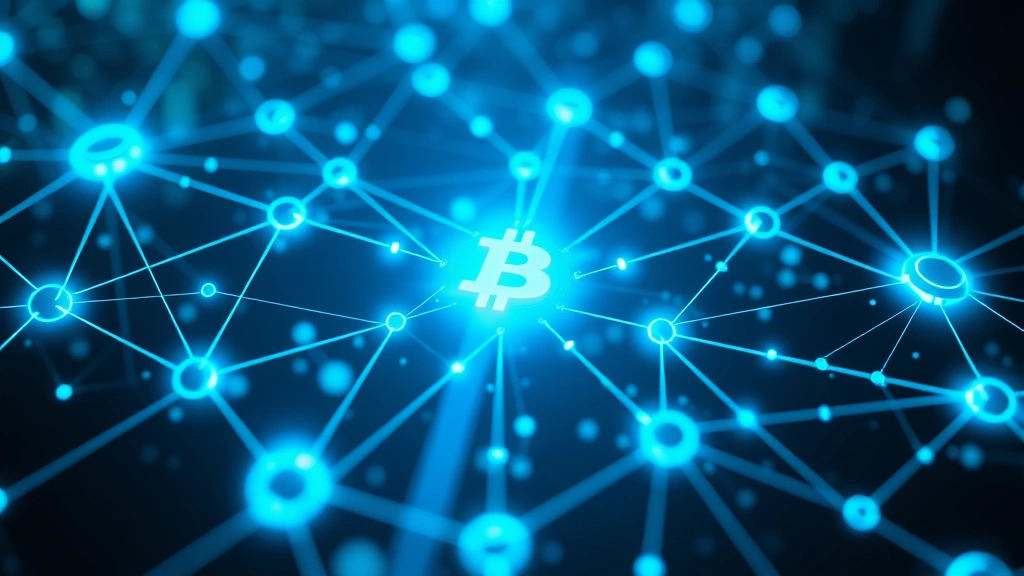 Blockchain network visualization showing interconnected nodes and digital data flow, representing cryptocurrency transactions and decentralized exchange, glowing blue and green neon colors, abstract tech aesthetic