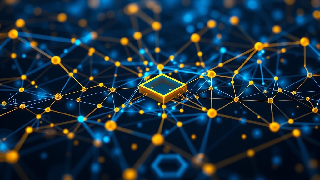 Blockchain network visualization showing interconnected nodes and data streams in shades of blue and gold, representing distributed ledger technology and cryptocurrency infrastructure