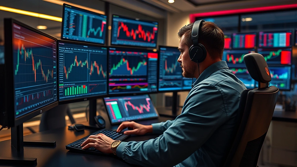 Photorealistic image of a professional cryptocurrency trader working with multiple monitors displaying market analytics, secure trading environment, no text