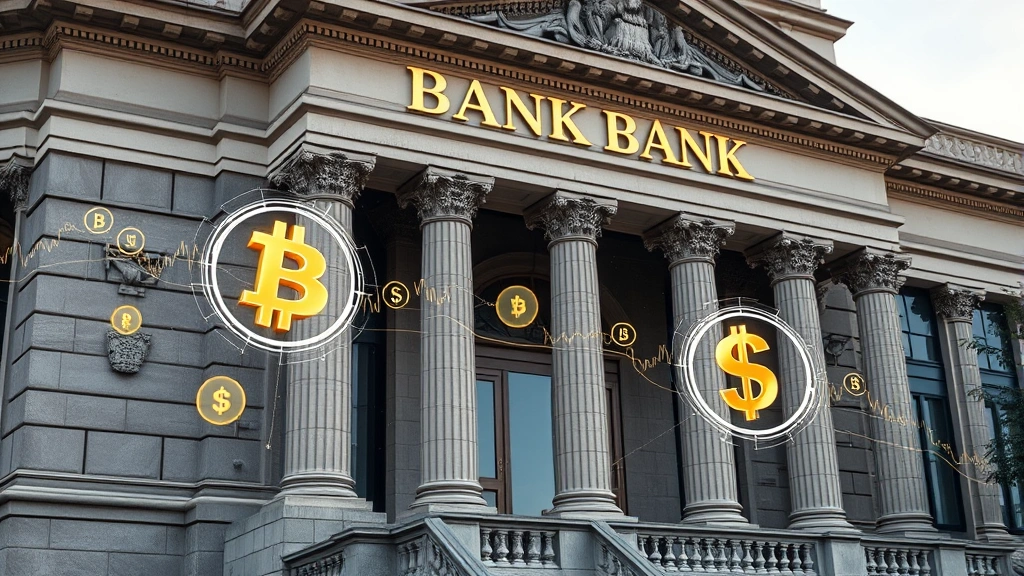 Photorealistic image of a bank building exterior with digital elements representing cryptocurrency to fiat currency conversion, showing modern financial infrastructure