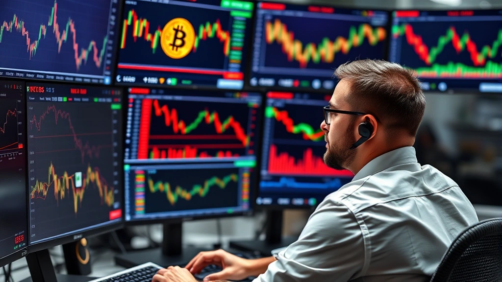 Professional trader at desk monitoring multiple screens displaying Bitcoin price charts and market data, with cryptocurrency symbols and price tickers visible, modern trading environment