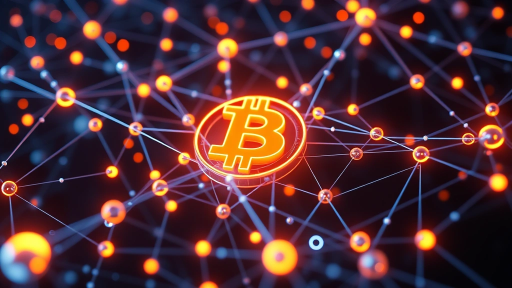 Bitcoin cryptocurrency blockchain network visualization with glowing nodes and secure digital connections flowing through cyberspace, photorealistic 3D rendering