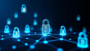 A high-tech cryptocurrency security visualization showing glowing digital locks and blockchain nodes interconnected with blue light paths, representing Bitcoin's cryptographic protection mechanisms, photorealistic 3D rendering against dark background