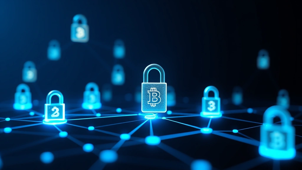 A high-tech cryptocurrency security visualization showing glowing digital locks and blockchain nodes interconnected with blue light paths, representing Bitcoin's cryptographic protection mechanisms, photorealistic 3D rendering against dark background