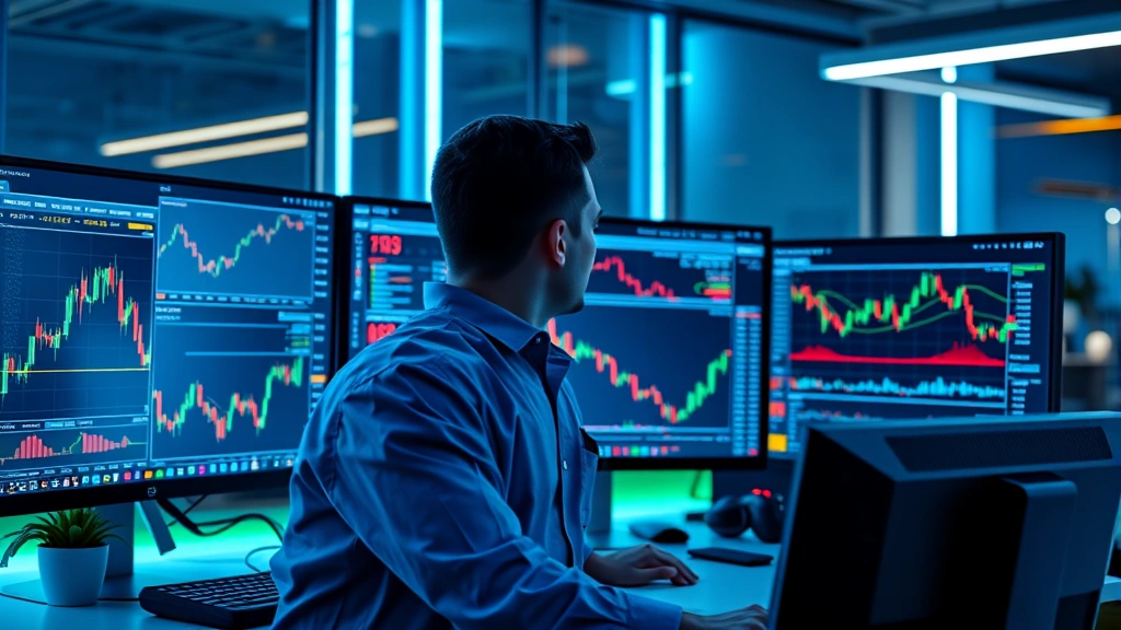 Photorealistic image of a professional cryptocurrency trader monitoring multiple computer screens displaying bitcoin price charts and market data in a modern office setting with blue and green neon accents