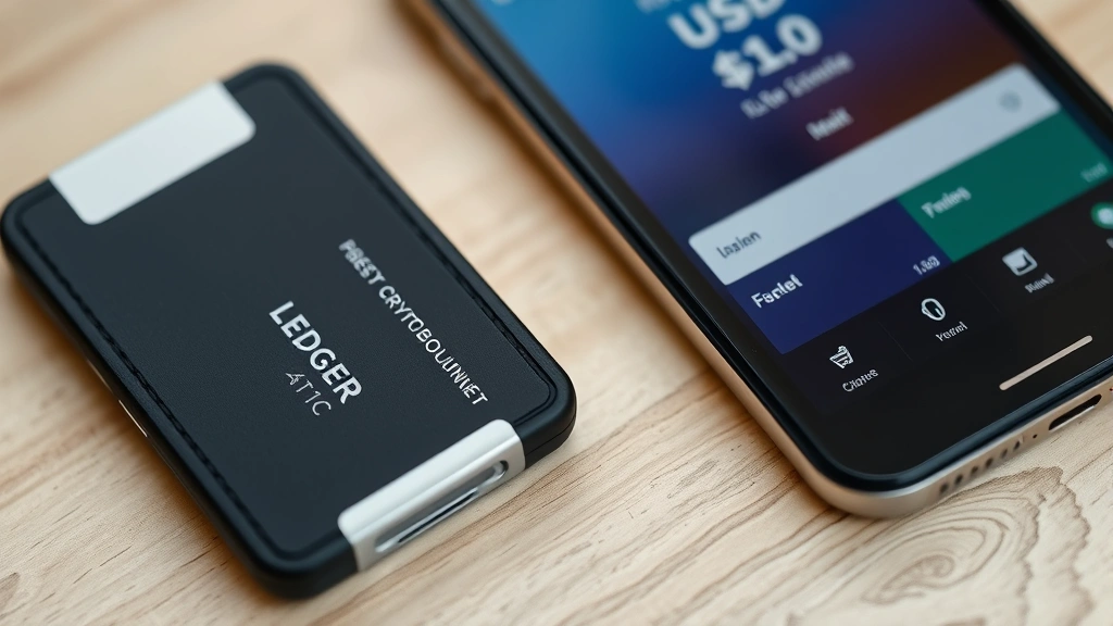 Detailed close-up photograph of a hardware cryptocurrency wallet (like Ledger device) next to a smartphone with a banking app open, representing secure crypto-to-USD conversion process