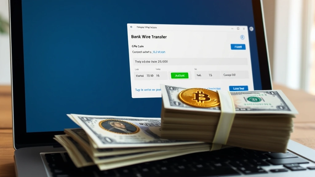 Photorealistic image of a bank wire transfer interface displayed on a laptop screen with a stack of US dollar bills partially visible, symbolizing successful bitcoin conversion to fiat currency