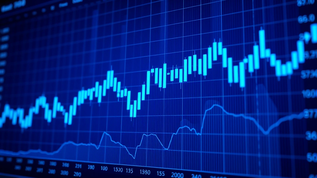 Digital cryptocurrency market chart showing Bitcoin price volatility with blue candlesticks rising and falling, representing leverage amplification effects, photorealistic modern trading interface aesthetic