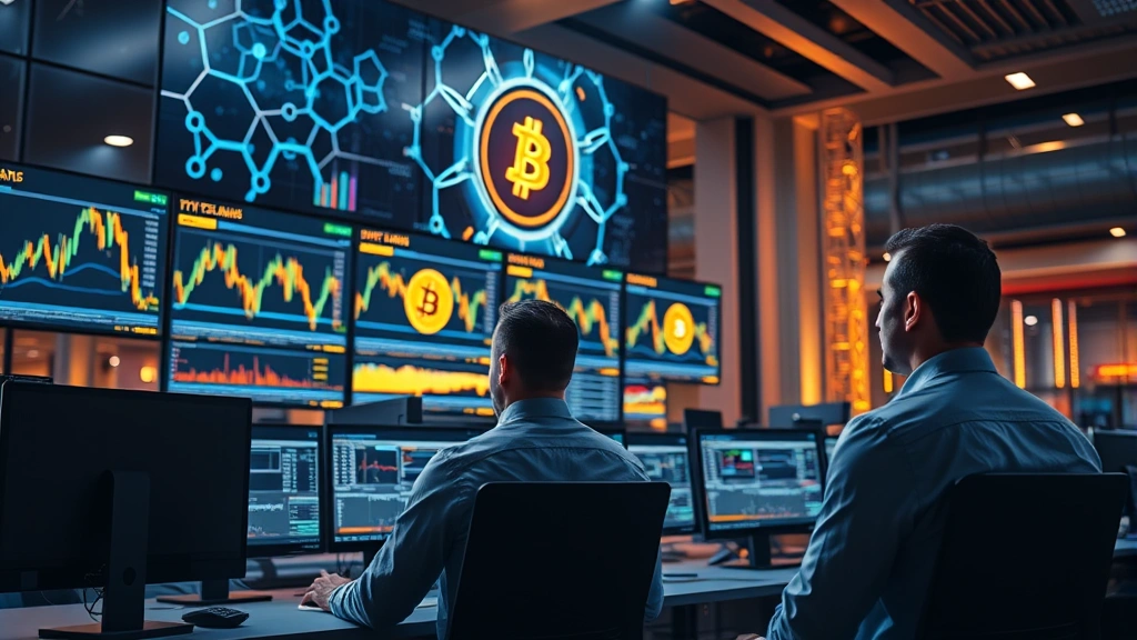 Photorealistic image of a modern cryptocurrency trading floor with multiple analysts monitoring Bitcoin price charts on large displays, professional office environment with blockchain network visualization in background, warm lighting highlighting focused professionals