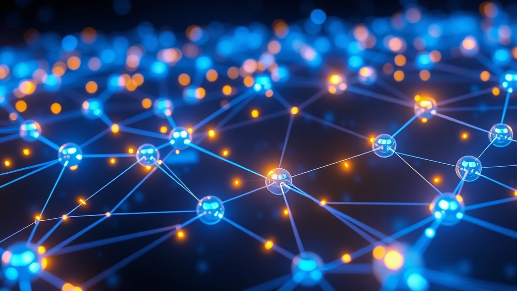 Futuristic digital representation of Bitcoin blockchain network with interconnected nodes glowing in blue and gold, showing distributed ledger technology, photorealistic 3D visualization, no text