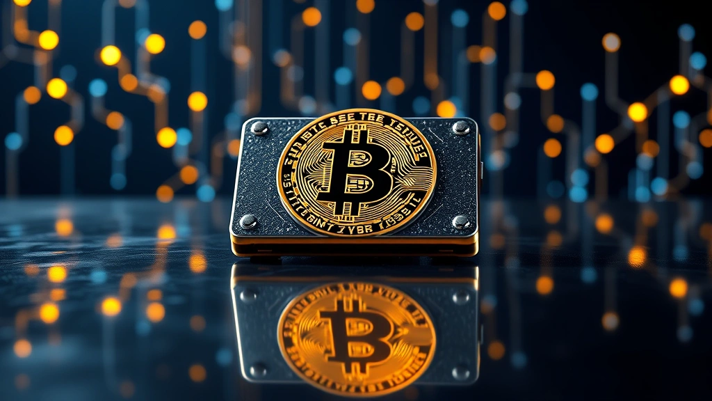 Photorealistic image of a secure Bitcoin hardware wallet device sitting on a reflective surface with blockchain network nodes glowing in the background, emphasizing security and technology without any visible text or numbers