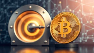 Photorealistic image of Bitcoin physical representation beside secure vault door with blockchain network visualization in background, representing digital asset security