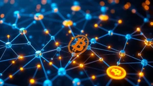 Digital representation of Bitcoin blockchain network with interconnected nodes glowing in blue and gold, showing distributed ledger technology architecture in three-dimensional space