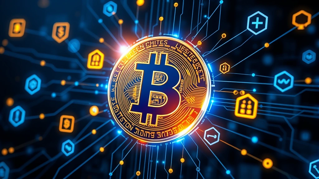 Futuristic digital cryptocurrency symbol glowing with blue and gold light, surrounded by floating blockchain nodes, secure encryption elements, representing Bitcoin's decentralized network security and value storage capability