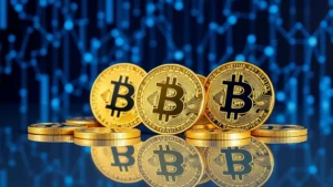 Photorealistic image of Bitcoin coins arranged on a reflective surface with blue blockchain network visualization in background, no text or numbers visible