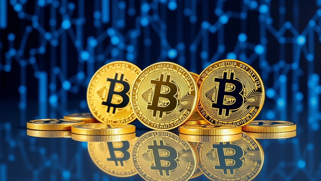Photorealistic image of Bitcoin coins arranged on a reflective surface with blue blockchain network visualization in background, no text or numbers visible