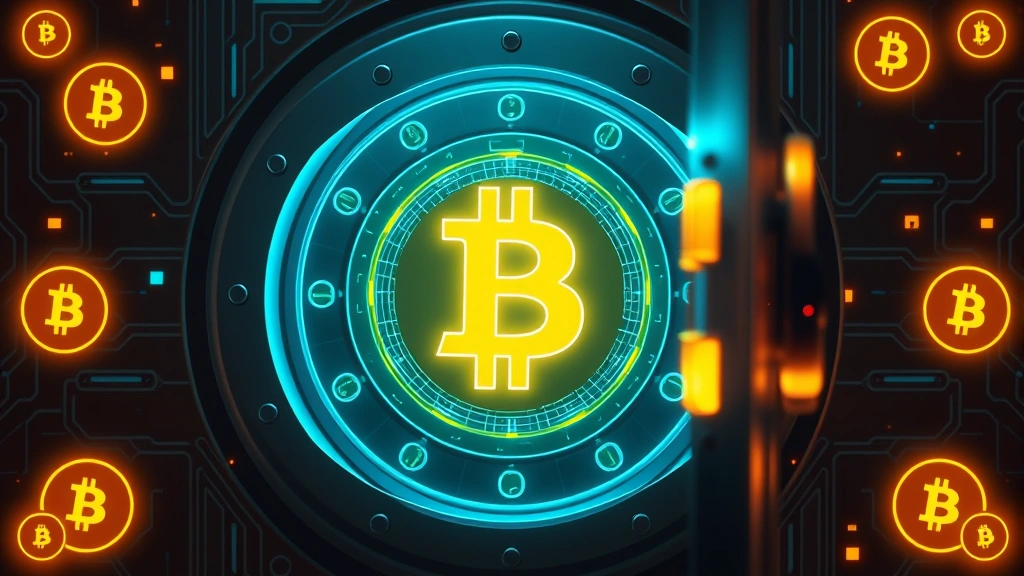 Photorealistic image of a secure digital vault with glowing Bitcoin symbols, representing cryptocurrency security and cold storage protection, modern technology aesthetic