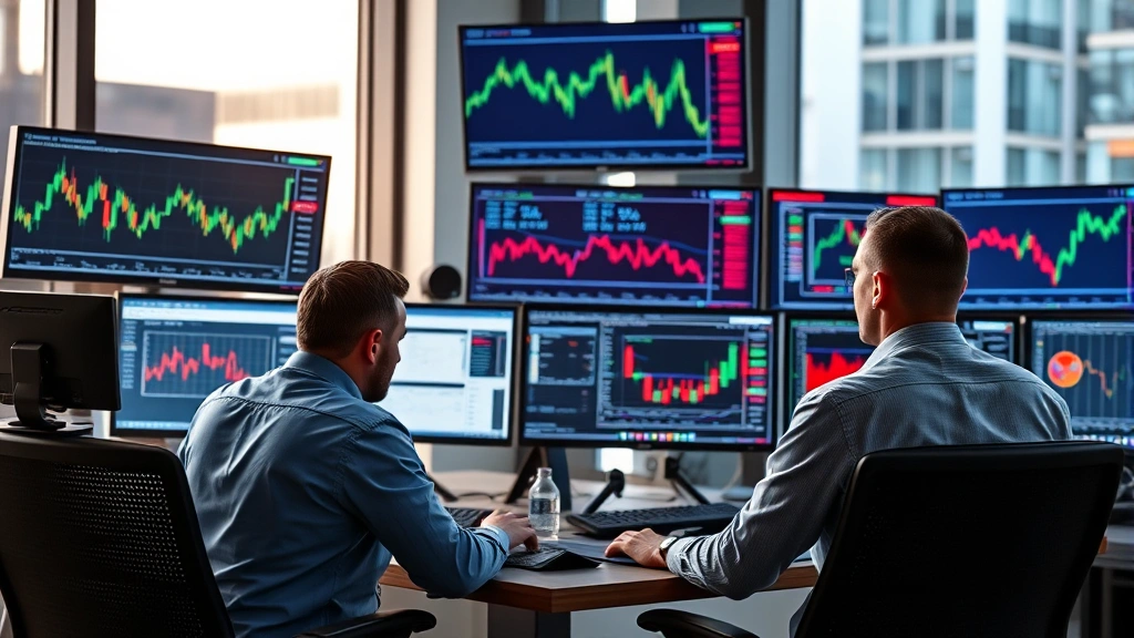 Institutional traders and financial professionals analyzing cryptocurrency markets on multiple monitors in modern office, showing professional trading environment, photorealistic, no charts or tickers visible