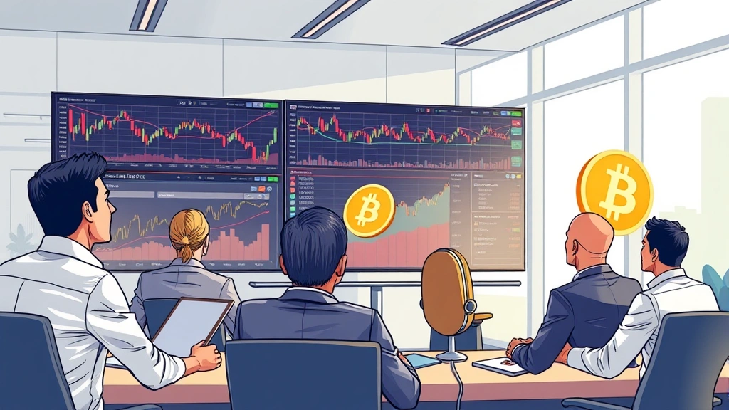 Digital illustration of a diverse group of institutional investors in a modern office environment reviewing cryptocurrency market data on large screens, showing professional adoption of Bitcoin without displaying actual charts or ticker information