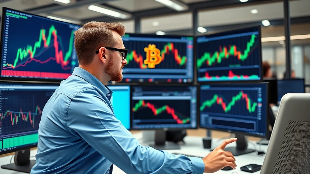 Cryptocurrency analyst reviewing Bitcoin market charts and data on multiple computer monitors in a modern office, showing professional investment research environment with financial displays