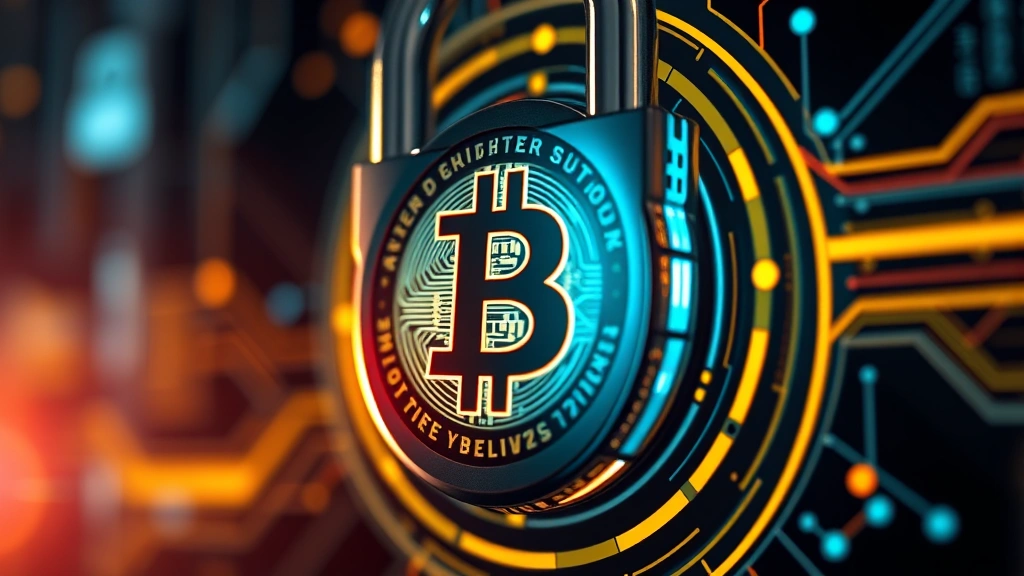 Close-up of modern security padlock with holographic Bitcoin symbol, advanced cybersecurity visualization with digital light trails, representing cryptocurrency asset protection and wallet security