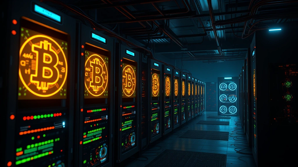 Photorealistic digital representation of cryptocurrency mining operation with computer equipment and network nodes glowing in dark environment, no display screens or text