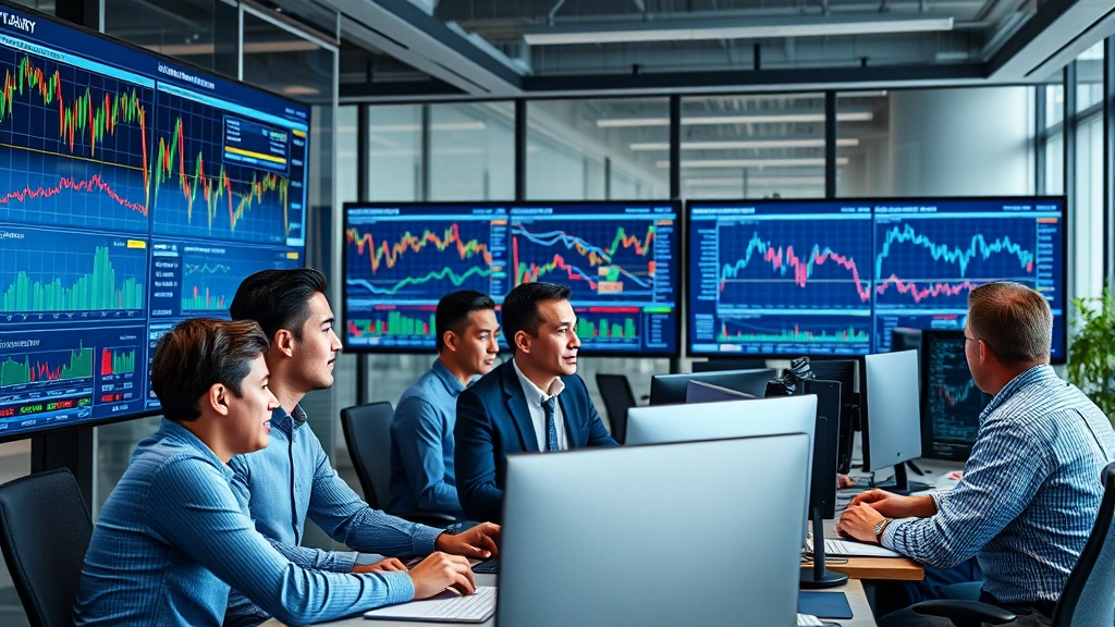 Photorealistic scene of diverse professional investors reviewing financial charts and cryptocurrency market data on multiple screens in a modern institutional office setting