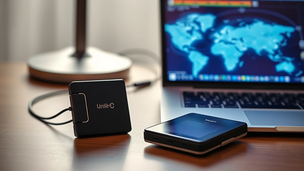 Secure hardware wallet device on desk next to laptop showing cybersecurity concept, representing safe Bitcoin storage methods, photorealistic product photography, no visible text on device