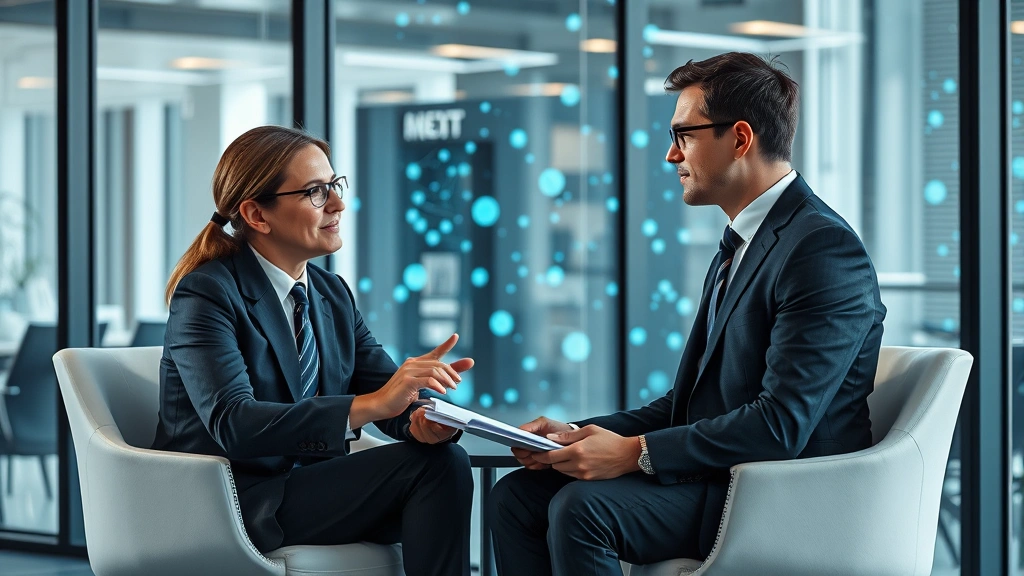 Photorealistic image of a professional financial advisor discussing investment strategy with a client in a modern office setting, with abstract blockchain patterns visible through windows in the background, no text visible