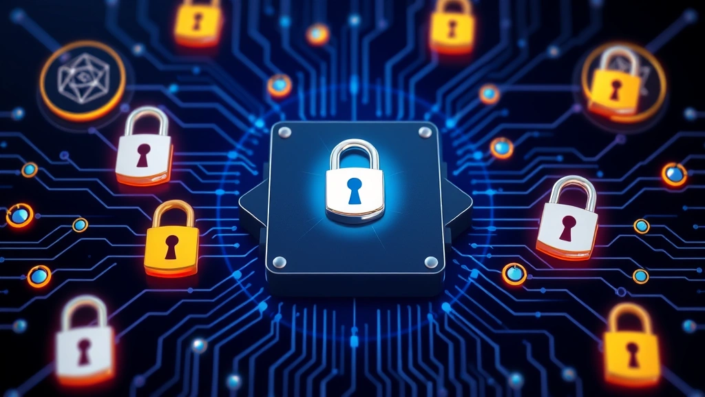 Secure hardware wallet device surrounded by digital security symbols, encryption locks, and blockchain nodes representing cryptocurrency custody and security infrastructure