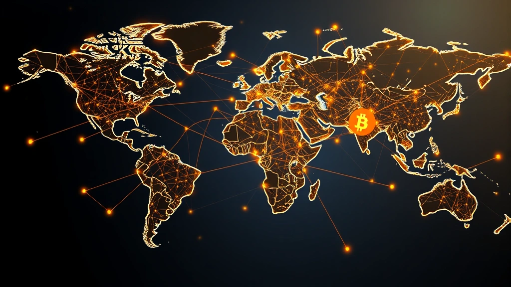 Global network visualization showing interconnected nodes across world map with golden light paths, representing Bitcoin's distributed ledger technology and worldwide blockchain infrastructure
