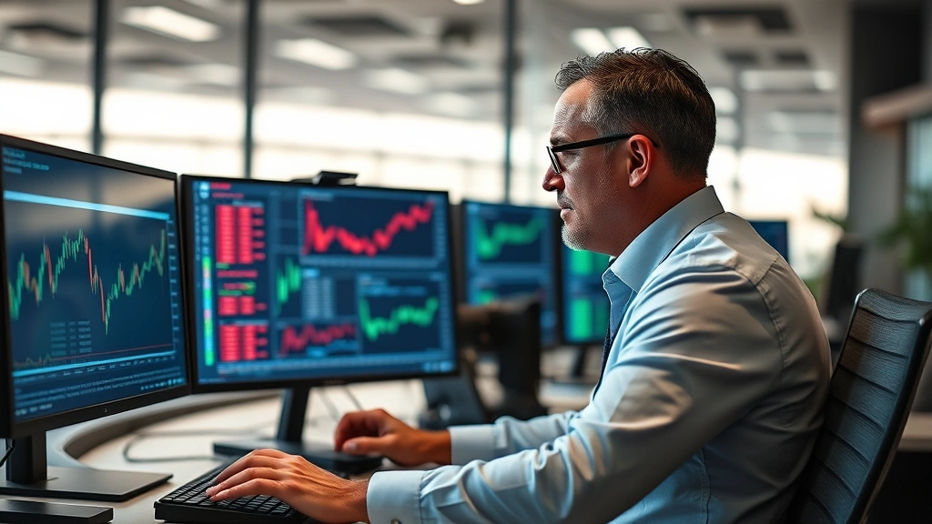 Photorealistic image of a professional investor analyzing Bitcoin market data on multiple screens in modern office setting, screens are blurred and unreadable