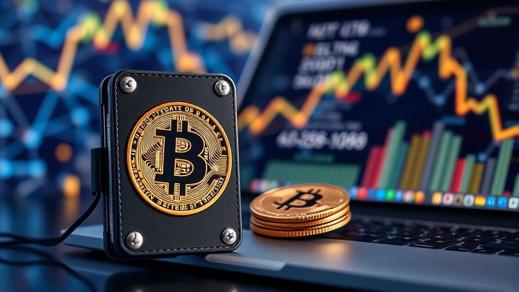 Photorealistic image of a hardware wallet device next to a laptop with blockchain network visualization in background, symbolizing secure Bitcoin custody and personal key management