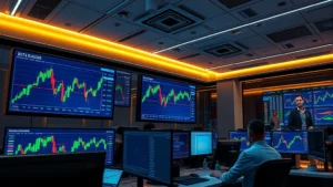 Photorealistic image of modern cryptocurrency trading floor with multiple monitors displaying Bitcoin price charts, green candlesticks indicating upward price movement, traders monitoring positions, professional financial environment with contemporary design