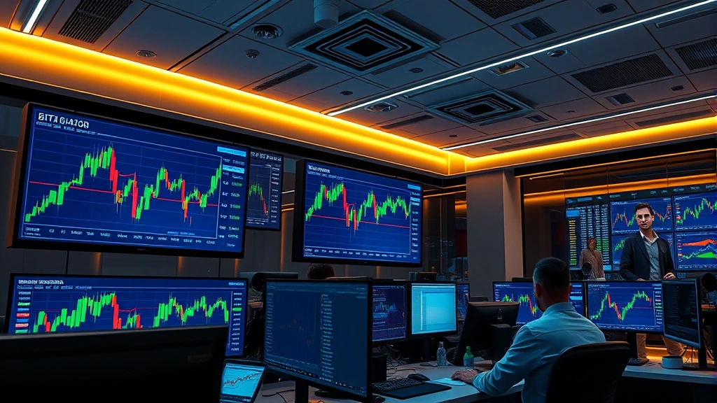 Photorealistic image of modern cryptocurrency trading floor with multiple monitors displaying Bitcoin price charts, green candlesticks indicating upward price movement, traders monitoring positions, professional financial environment with contemporary design